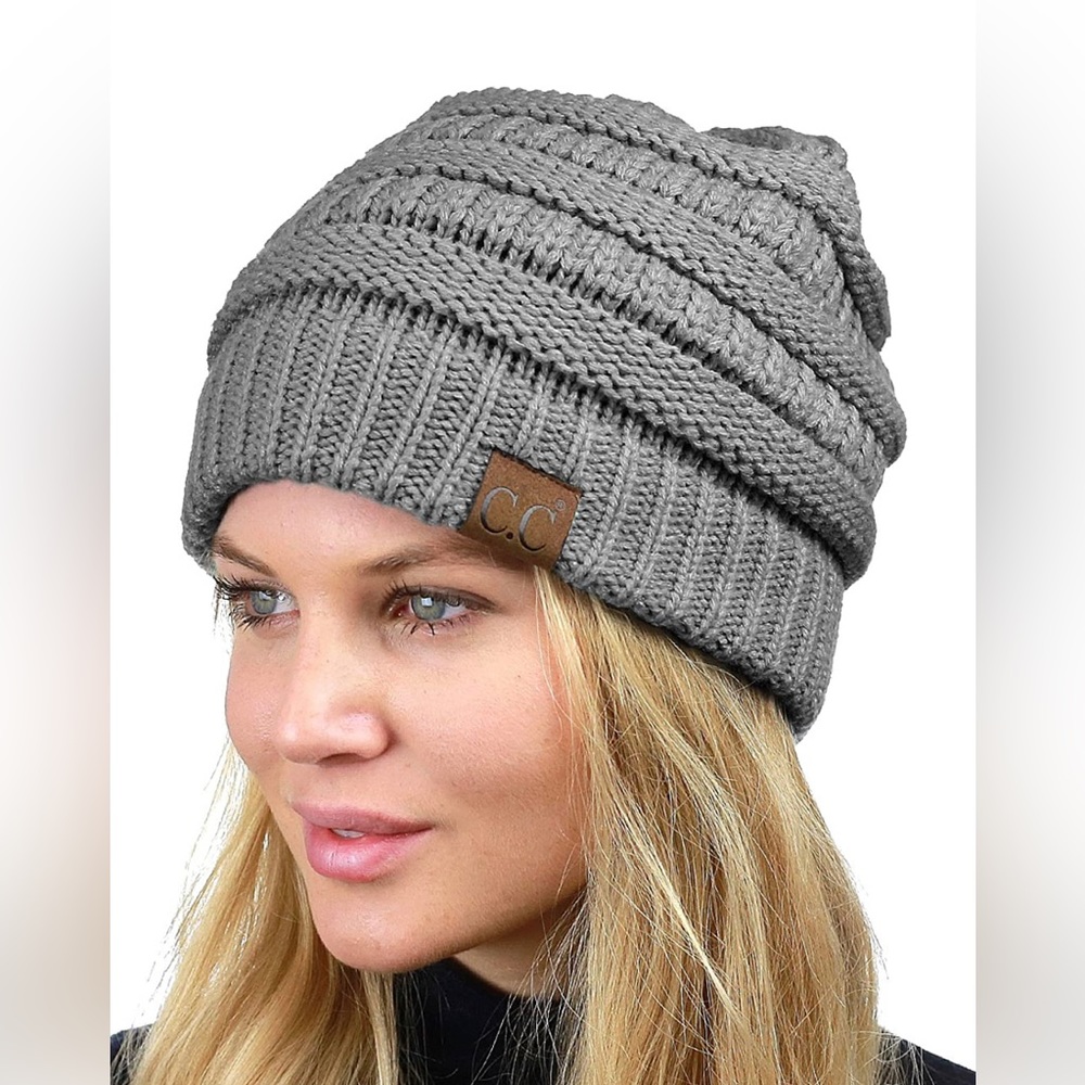 C.C Beanie - Chunky Soft Stretch Cable Knit Warm Fuzzy Lined Beanie - Grey